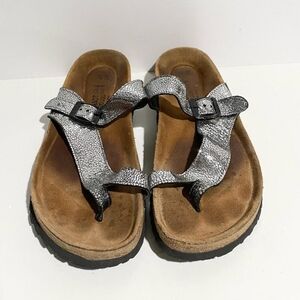 Naot Tahoe Birkenstock Silver and Brown Metallic Gunmetal Textured Sandals